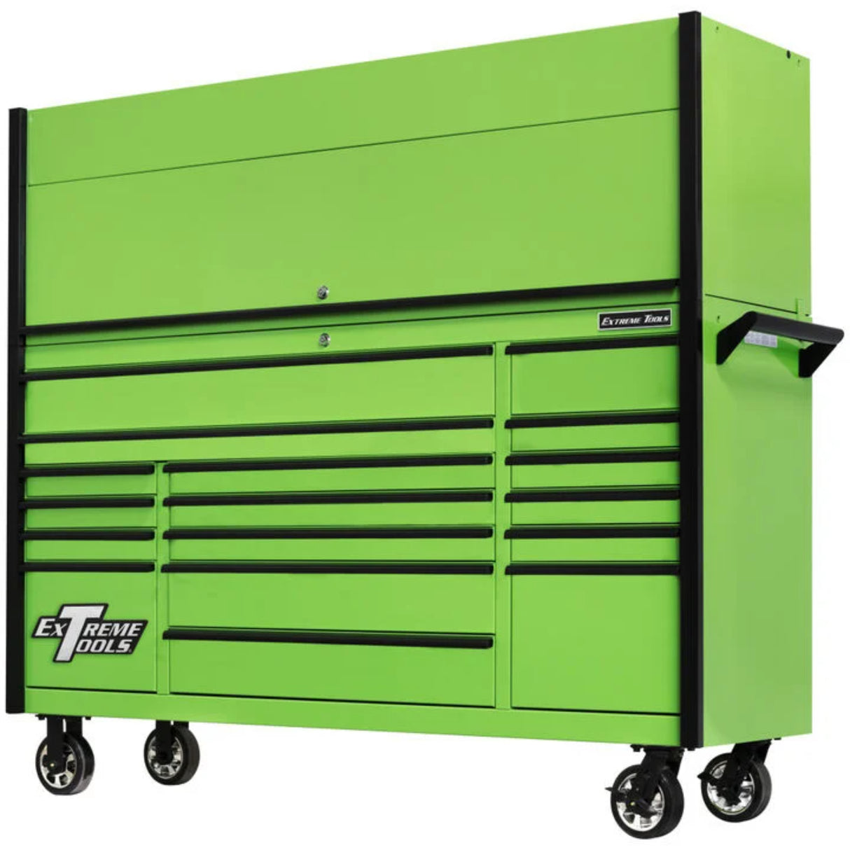 Extreme Tools DX Series 72in W x 21in D Power Workstation Hutch & 17-Drawer Roller Cabinet Combo, Green/Black