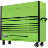 Extreme Tools DX Series 72in W x 21in D Power Workstation Hutch & 17-Drawer Roller Cabinet Combo, Green/Black