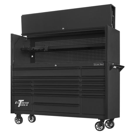 Extreme Tools DX Series 72in W x 21in D Power Workstation Hutch & 17-Drawer Roller Cabinet Combo, Matte Black