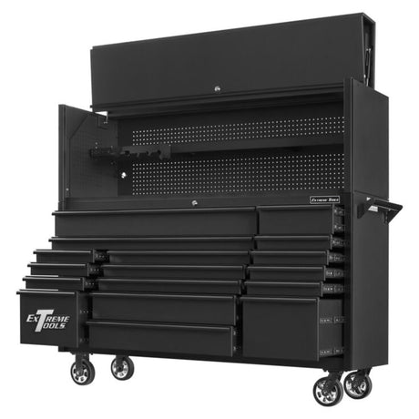Extreme Tools DX Series 72in W x 21in D Power Workstation Hutch & 17-Drawer Roller Cabinet Combo, Matte Black