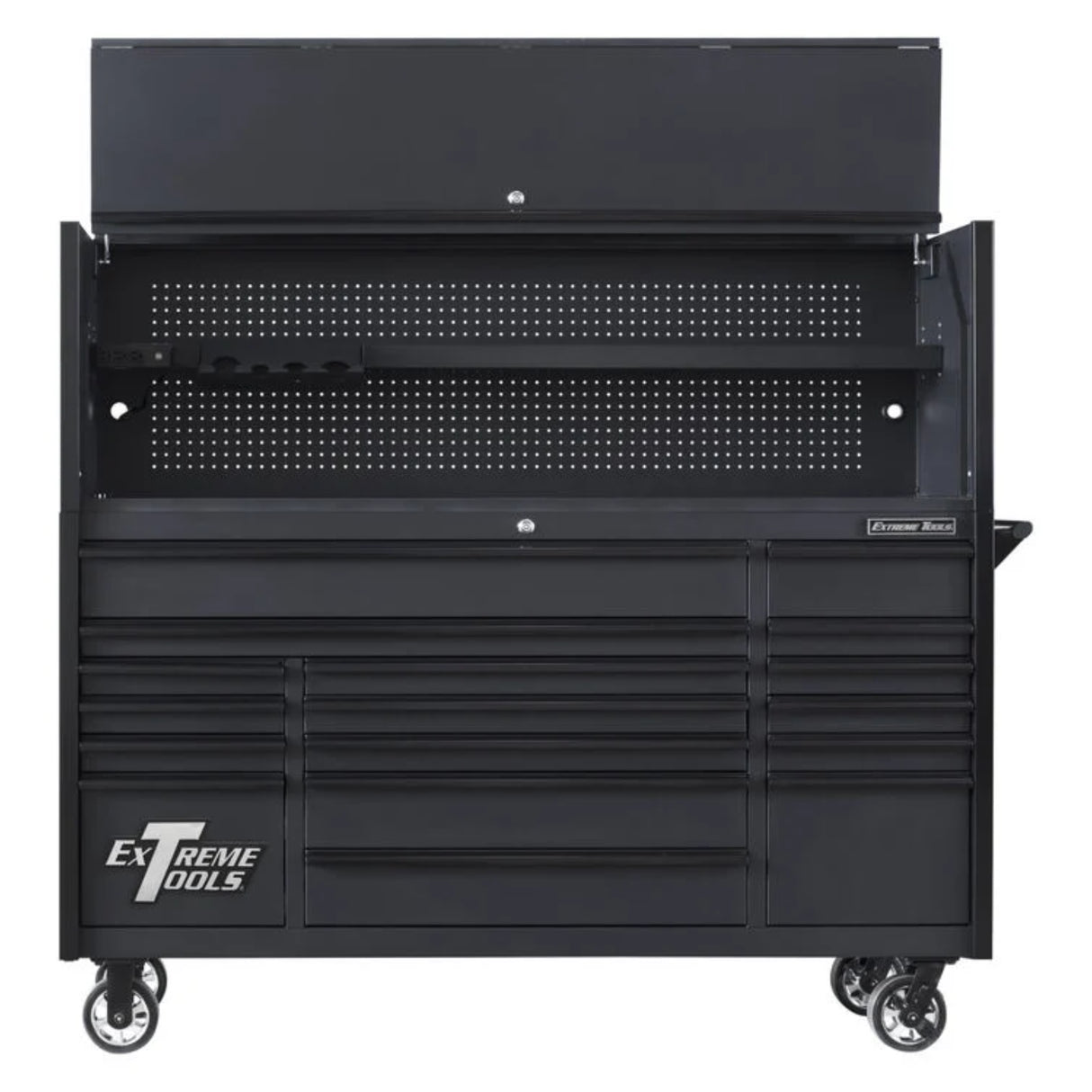 Extreme Tools DX Series 72in W x 21in D Power Workstation Hutch & 17-Drawer Roller Cabinet Combo, Matte Black