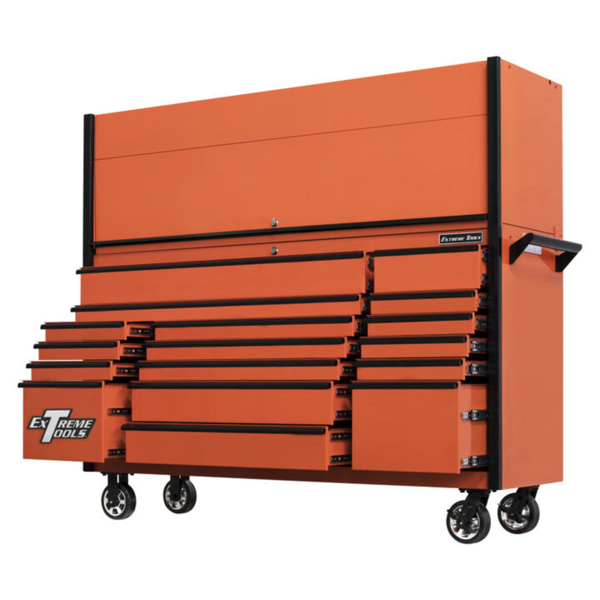 Extreme Tools DX Series 72in W x 21in D Power Workstation Hutch & 17-Drawer Roller Cabinet Combo, Orange/Black