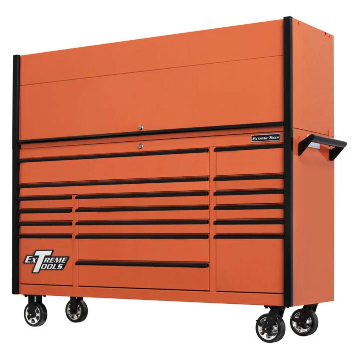 Extreme Tools DX Series 72in W x 21in D Power Workstation Hutch & 17-Drawer Roller Cabinet Combo, Orange/Black