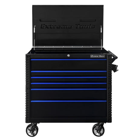 Extreme Tools EX Tool Cart Series 41in W x 26in D 6-Drawer Tool Cart with Bumpers, Black/Blue