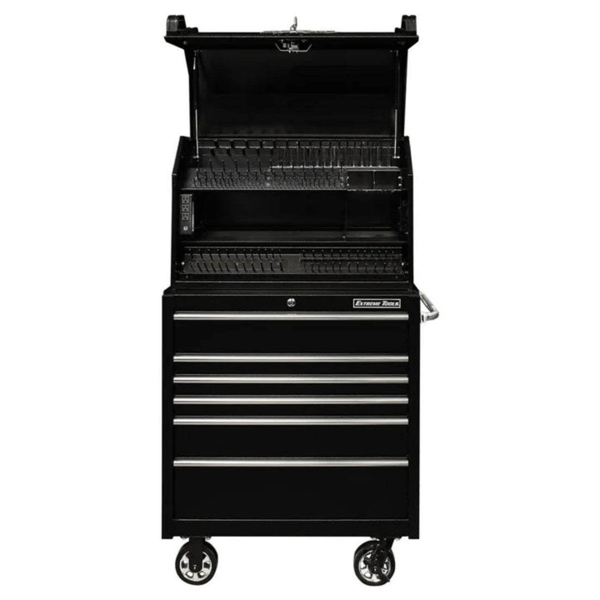 Extreme Tools PWS Series 36in Portable Workstation & 6-Drawer Roller Cabinet Combo, Textured Black/Chrome