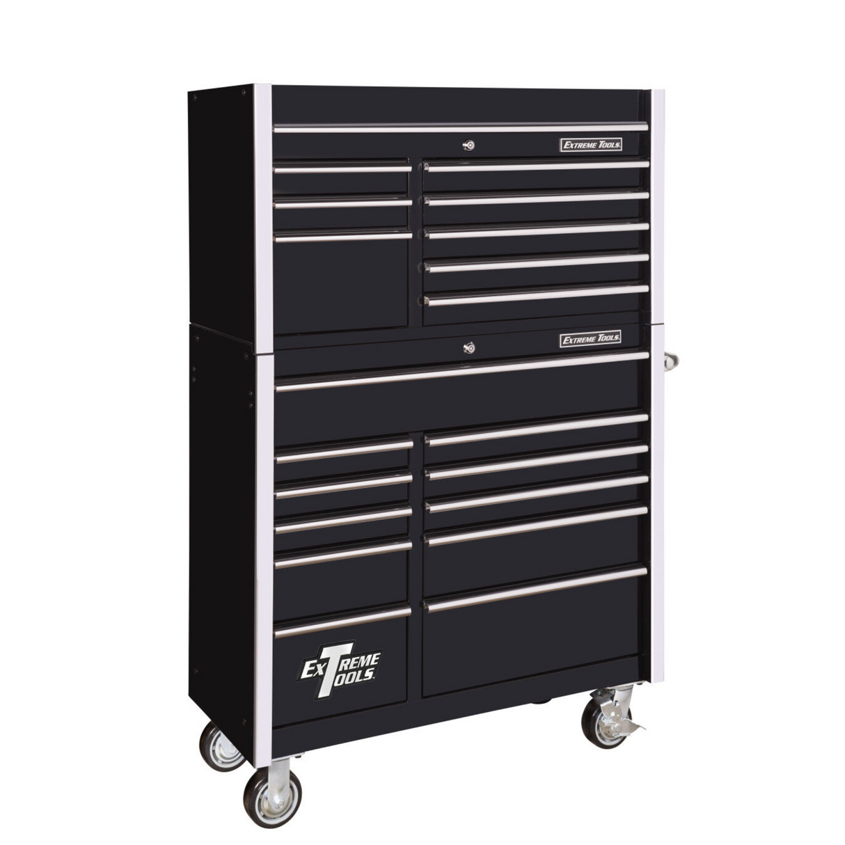 Extreme Tools RX Series 41in W x 25in D 8-Drawer Top Chest & 11-Drawer Roller Cabinet Combo, Black/Chrome