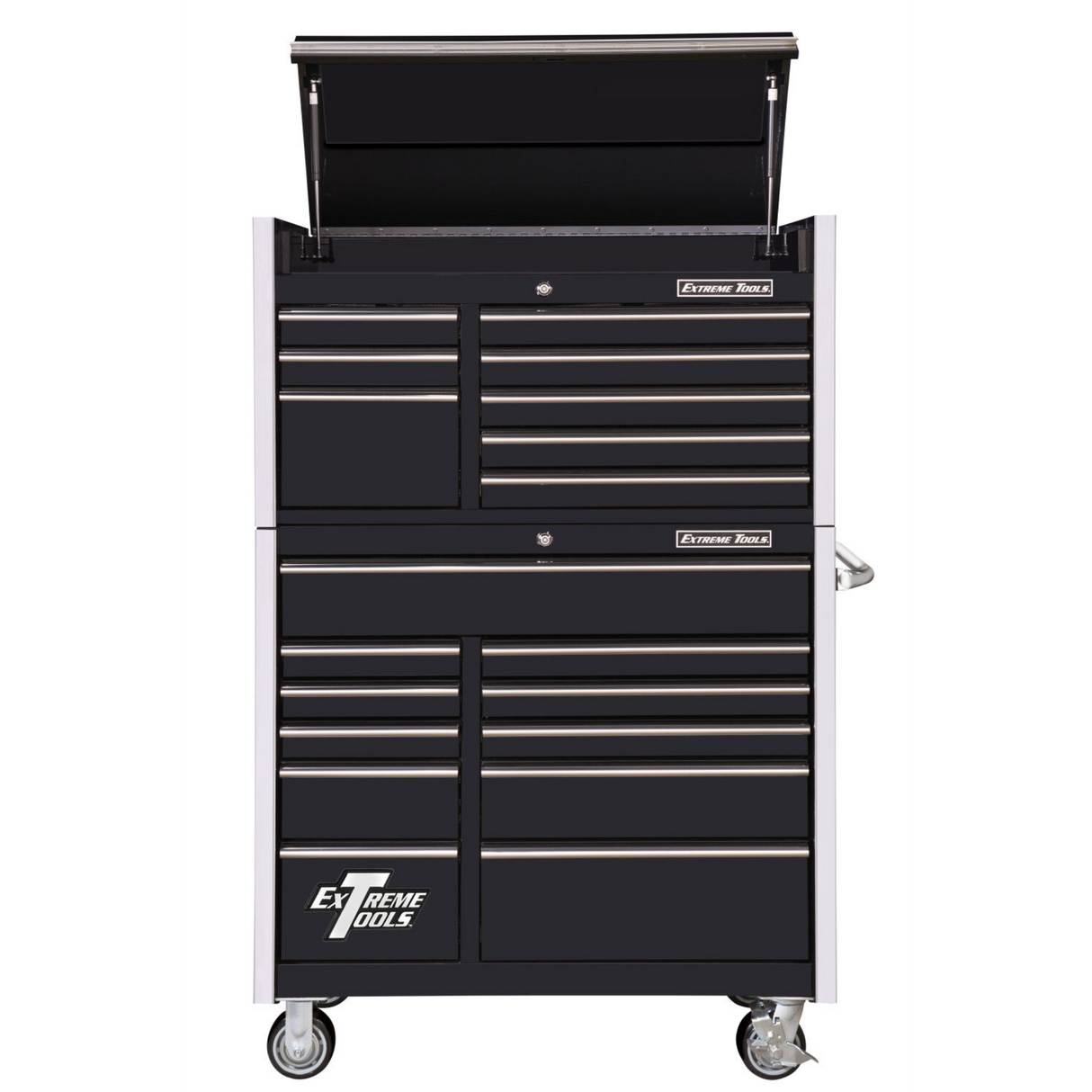 Extreme Tools RX Series 41in W x 25in D 8-Drawer Top Chest & 11-Drawer Roller Cabinet Combo, Black/Chrome