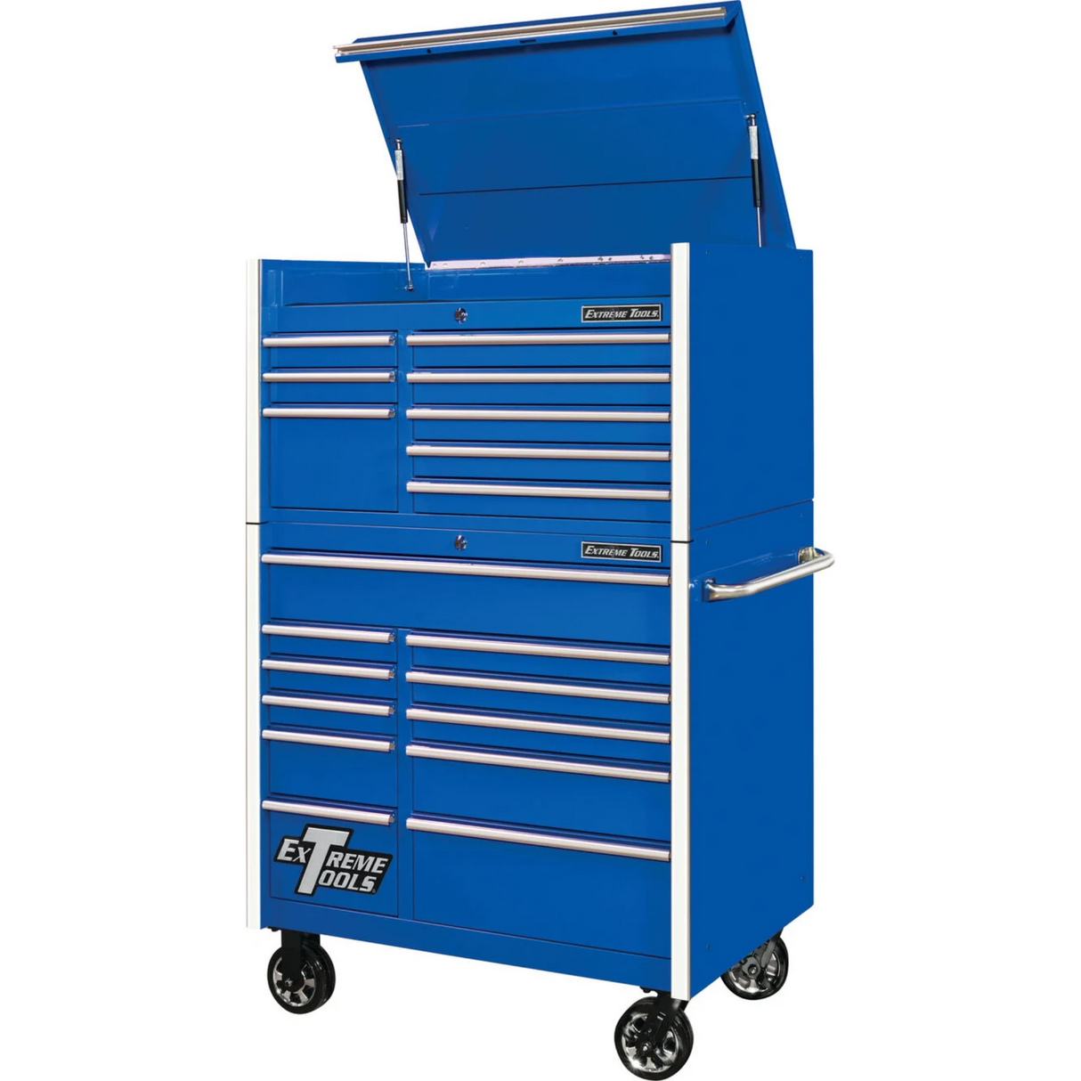Extreme Tools RX Series 41in W x 25in D 8-Drawer Top Chest & 11-Drawer Roller Cabinet Combo, Blue/Chrome