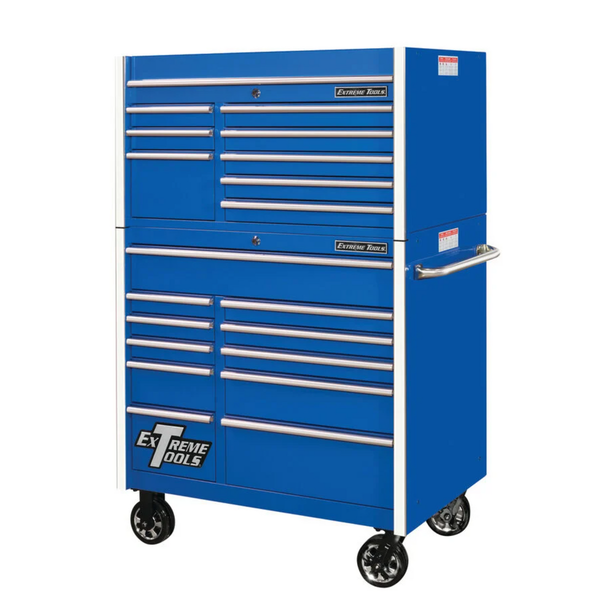 Extreme Tools RX Series 41in W x 25in D 8-Drawer Top Chest & 11-Drawer Roller Cabinet Combo, Blue/Chrome