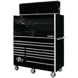 Extreme Tools RX Series 55in W x 25in D Pro Hutch & 12-Drawer Roller Cabinet Combo, Black/Chrome