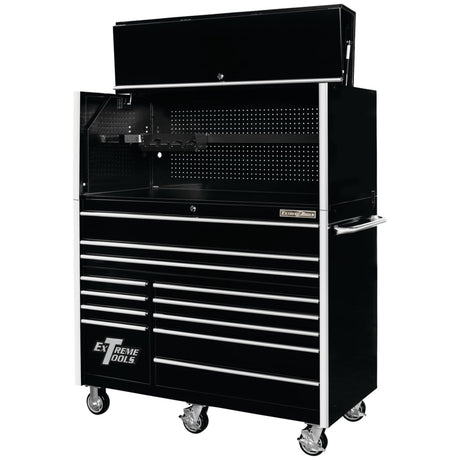 Extreme Tools RX Series 55in W x 25in D Pro Hutch & 12-Drawer Roller Cabinet Combo, Black/Chrome