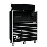 Extreme Tools RX Series 55in W x 25in D Pro Hutch & 12-Drawer Roller Cabinet Combo, Black/Chrome