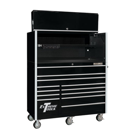 Extreme Tools RX Series 55in W x 25in D Pro Hutch & 12-Drawer Roller Cabinet Combo, Black/Chrome