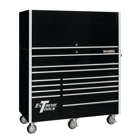 Extreme Tools RX Series 55in W x 25in D Pro Hutch & 12-Drawer Roller Cabinet Combo, Black/Chrome