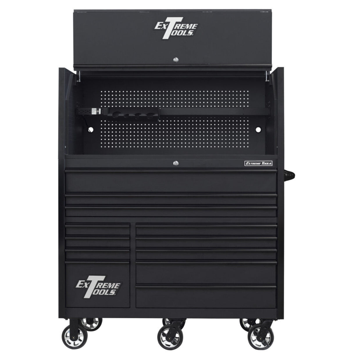 Extreme Tools RX Series 55in W x 25in D Pro Hutch & 12-Drawer Roller Cabinet Combo, Matte Black