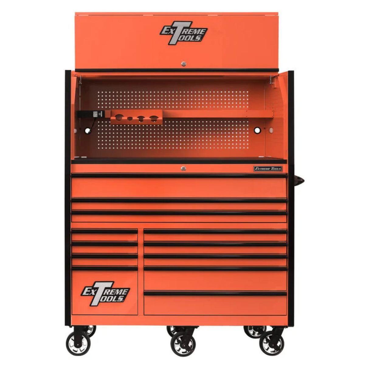 Extreme Tools RX Series 55in W x 25in D Pro Hutch & 12-Drawer Roller Cabinet Combo, Orange/Black