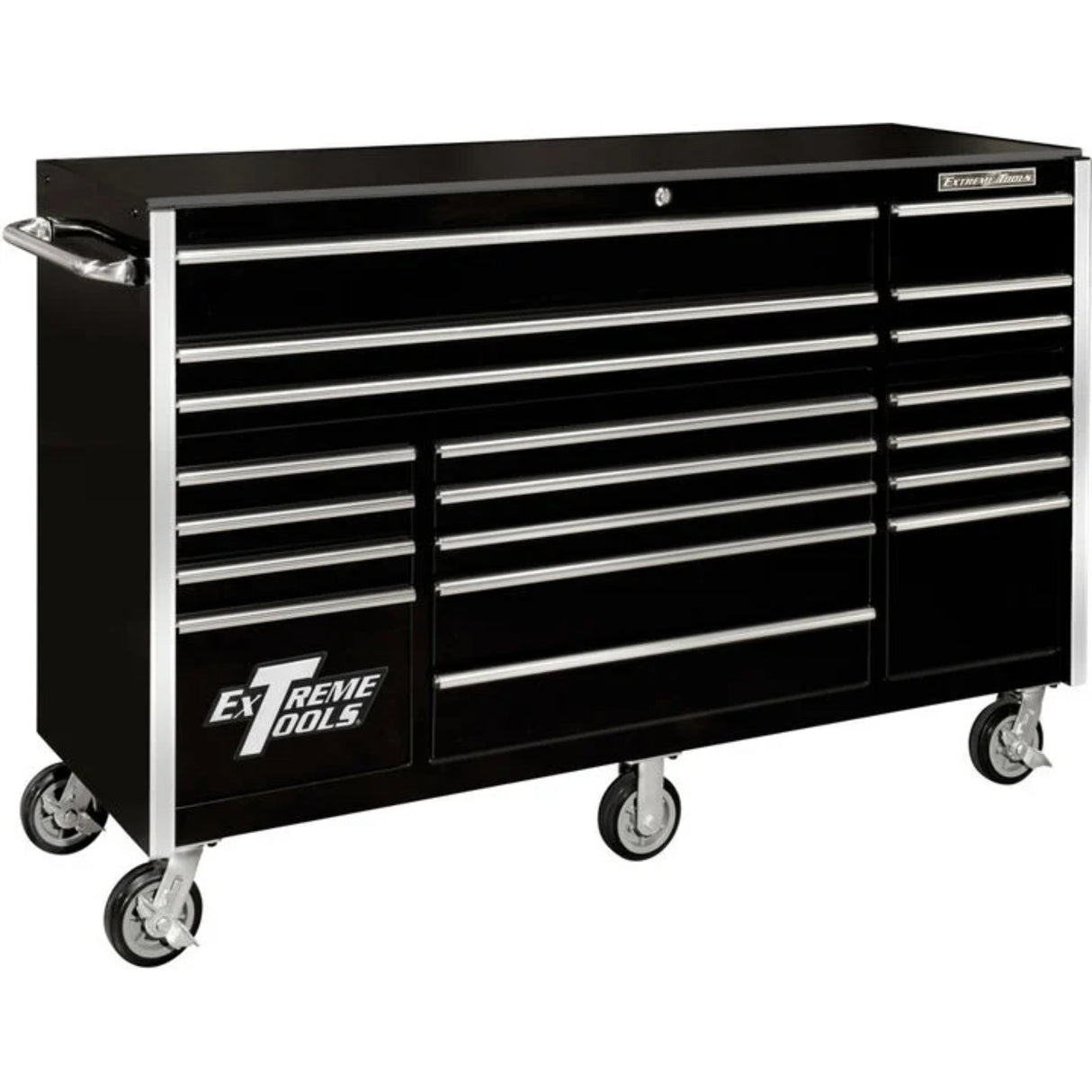 Extreme Tools RX Series 72in W x 25in D 19-Drawer Triple Bank Roller Cabinet, Black/Chrome