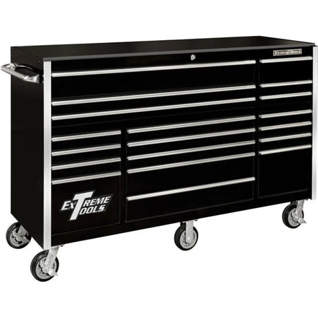 Extreme Tools RX Series 72in W x 25in D 19-Drawer Triple Bank Roller Cabinet, Black/Chrome