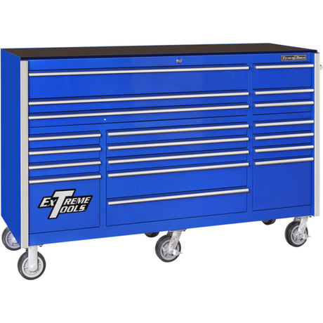 Extreme Tools RX Series 72in W x 25in D 19-Drawer Triple Bank Roller Cabinet, Blue/Chrome