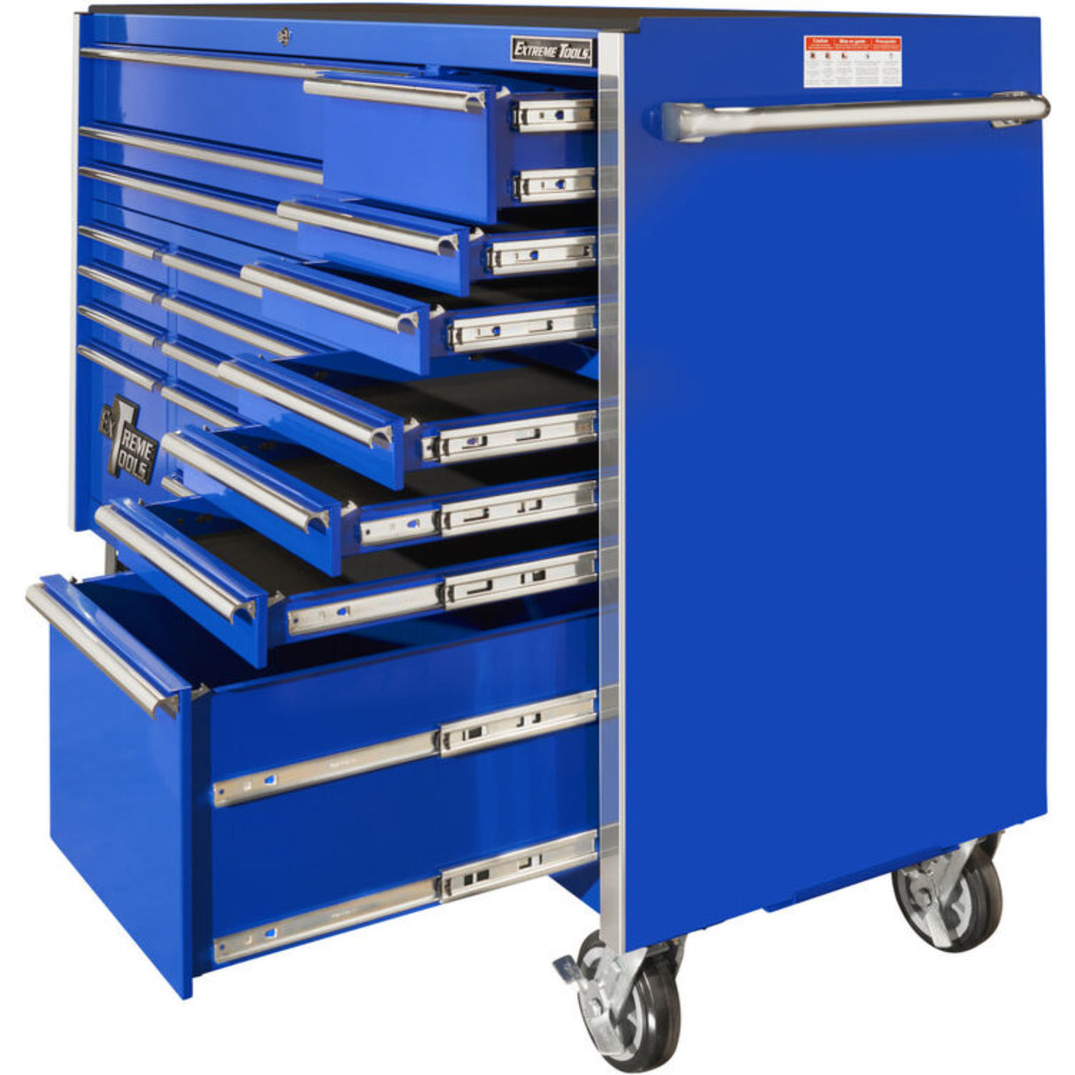Extreme Tools RX Series 72in W x 25in D 19-Drawer Triple Bank Roller Cabinet, Blue/Chrome
