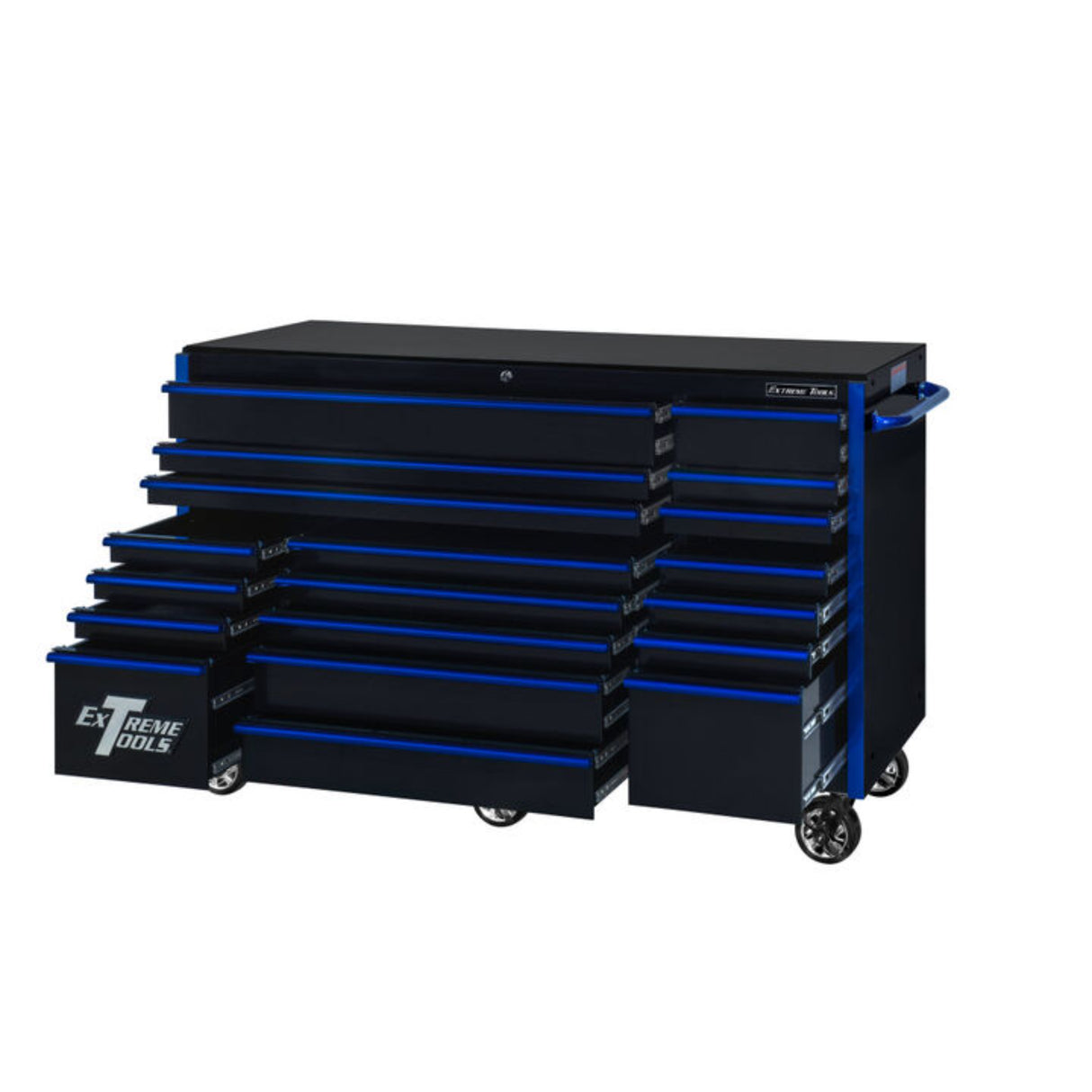 Extreme Tools RX Series 72in W x 25in D 19-Drawer Triple Bank Roller Cabinet, Black/Blue