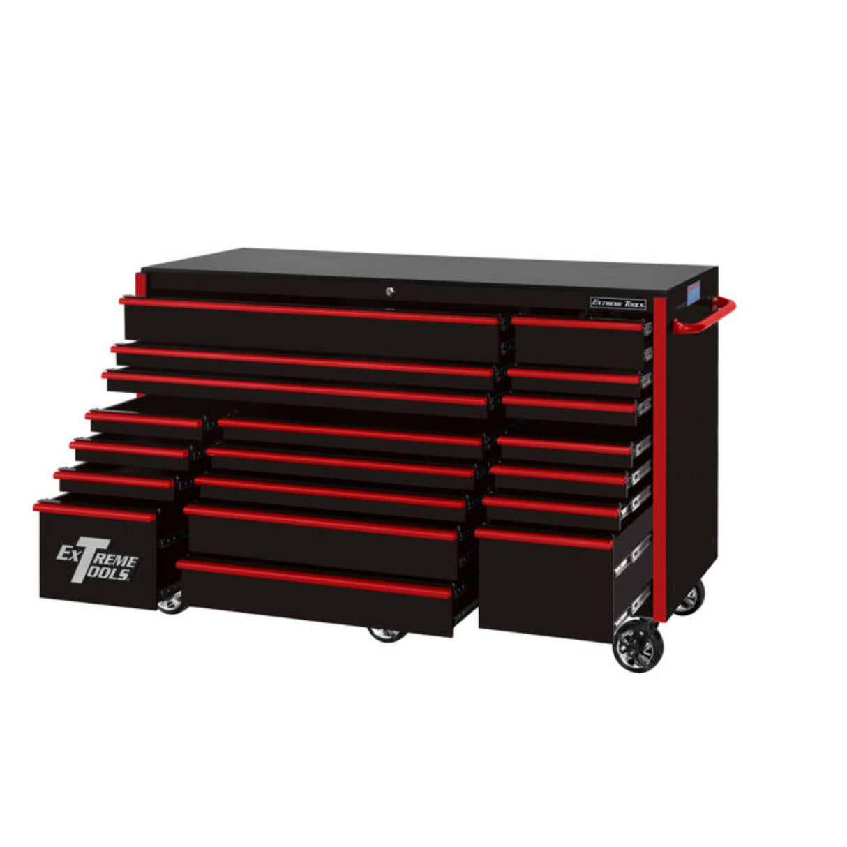 Extreme Tools RX Series 72in W x 25in D 19-Drawer Triple Bank Roller Cabinet, Black/Red