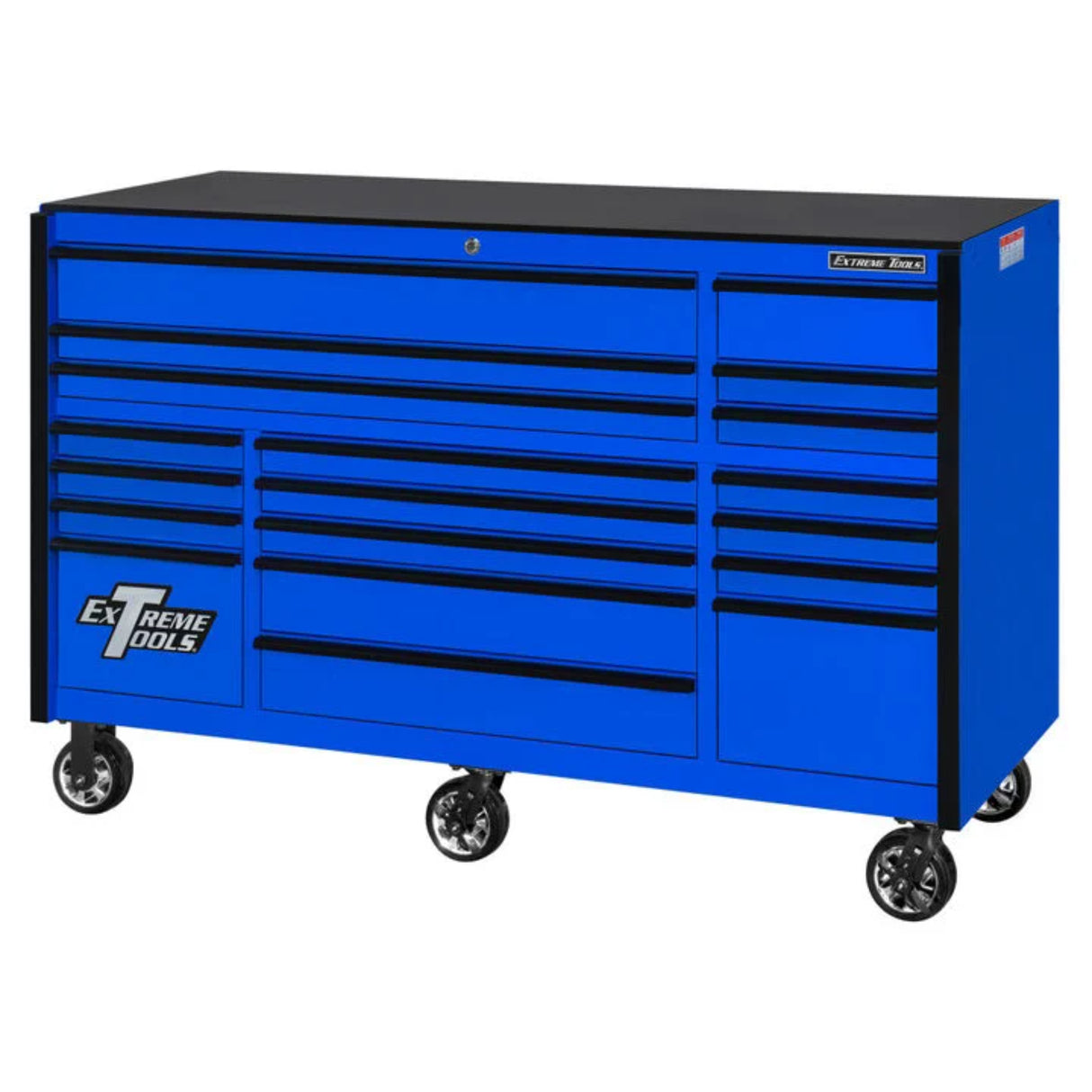 Extreme Tools RX Series 72in W x 25in D 19-Drawer Triple Bank Roller Cabinet, Blue/Black