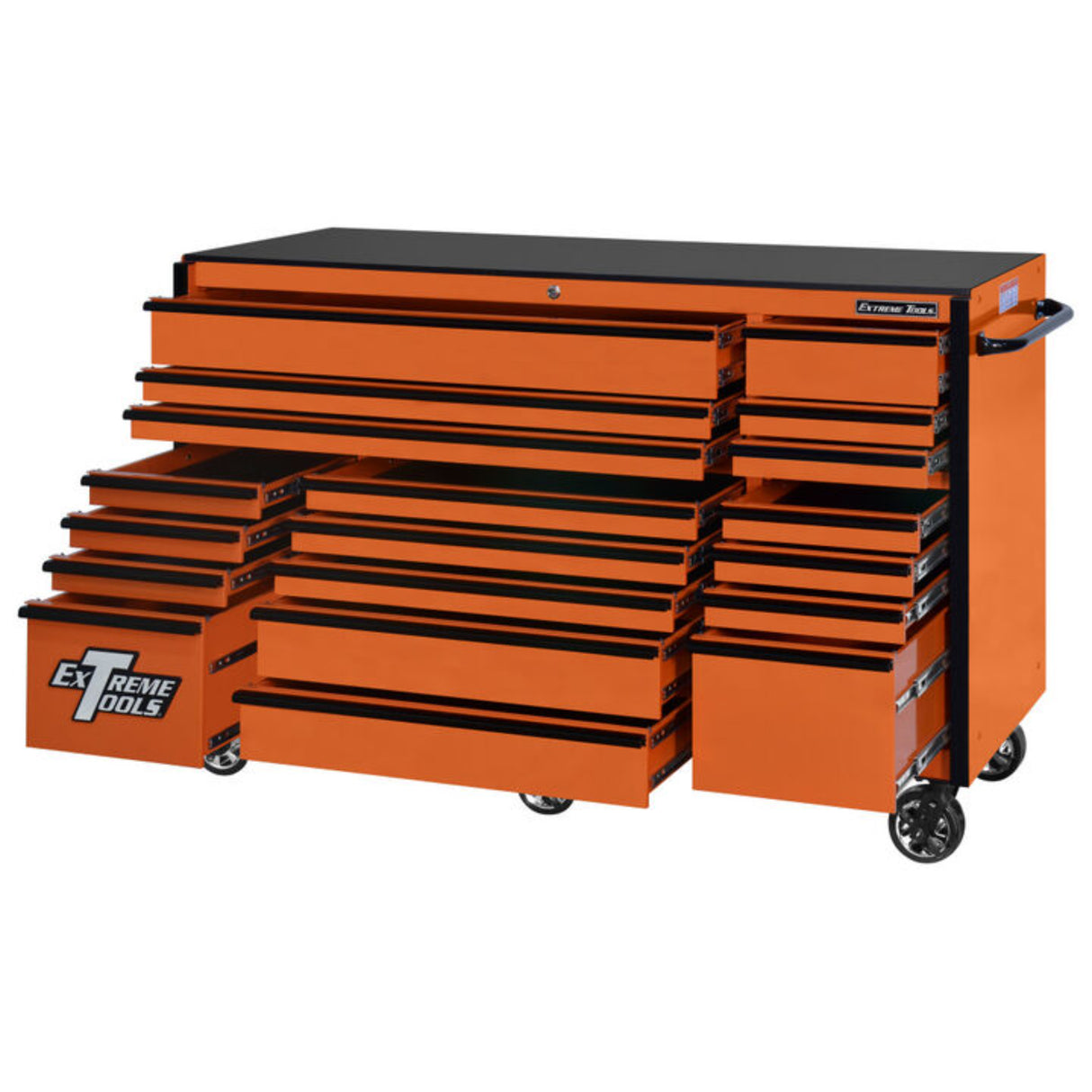 Extreme Tools RX Series 72in W x 25in D 19-Drawer Triple Bank Roller Cabinet, Orange/Black