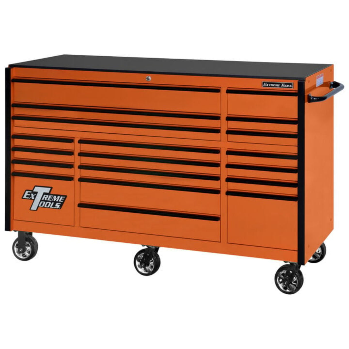 Extreme Tools RX Series 72in W x 25in D 19-Drawer Triple Bank Roller Cabinet, Orange/Black