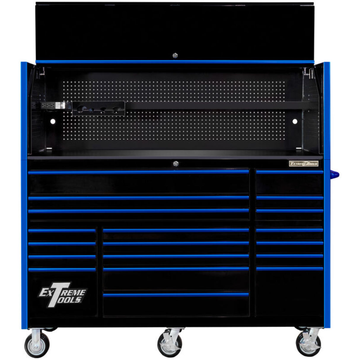 Extreme Tools RX Series 72in W x 25in D Pro Hutch & 19-Drawer Roller Cabinet Combo, Black/Blue