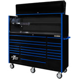 Extreme Tools RX Series 72in W x 25in D Pro Hutch & 19-Drawer Roller Cabinet Combo, Black/Blue