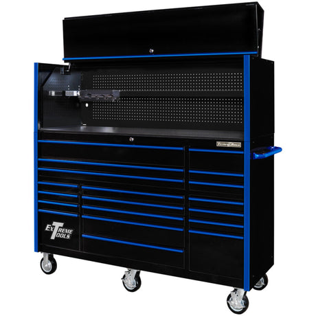 Extreme Tools RX Series 72in W x 25in D Pro Hutch & 19-Drawer Roller Cabinet Combo, Black/Blue