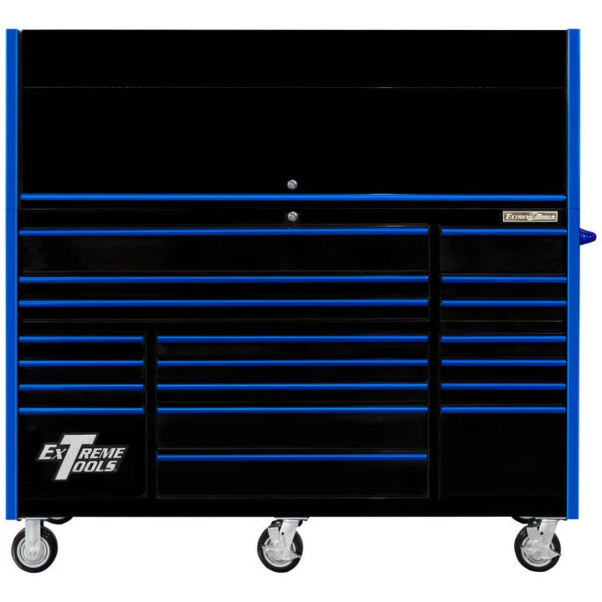 Extreme Tools RX Series 72in W x 25in D Pro Hutch & 19-Drawer Roller Cabinet Combo, Black/Blue