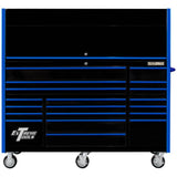 Extreme Tools RX Series 72in W x 25in D Pro Hutch & 19-Drawer Roller Cabinet Combo, Black/Blue