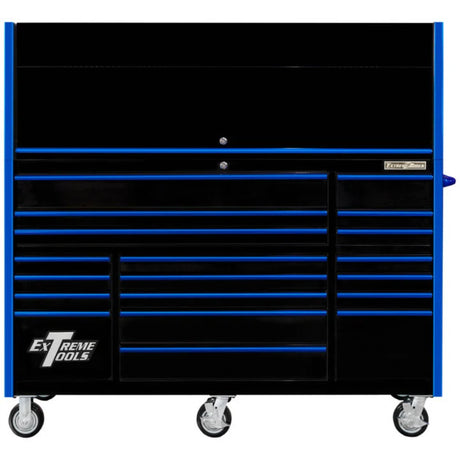 Extreme Tools RX Series 72in W x 25in D Pro Hutch & 19-Drawer Roller Cabinet Combo, Black/Blue