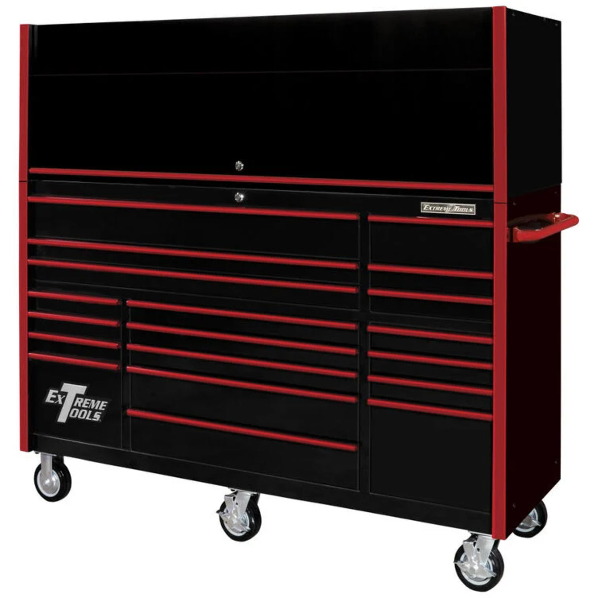 Extreme Tools RX Series 72in W x 25in D Pro Hutch & 19-Drawer Roller Cabinet Combo, Black/Red