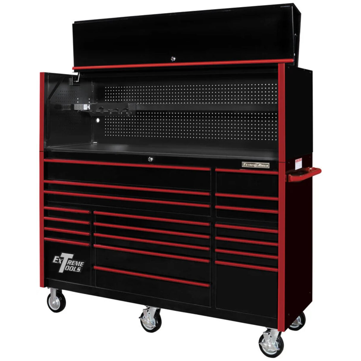 Extreme Tools RX Series 72in W x 25in D Pro Hutch & 19-Drawer Roller Cabinet Combo, Black/Red