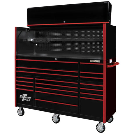 Extreme Tools RX Series 72in W x 25in D Pro Hutch & 19-Drawer Roller Cabinet Combo, Black/Red