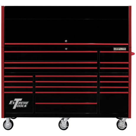 Extreme Tools RX Series 72in W x 25in D Pro Hutch & 19-Drawer Roller Cabinet Combo, Black/Red