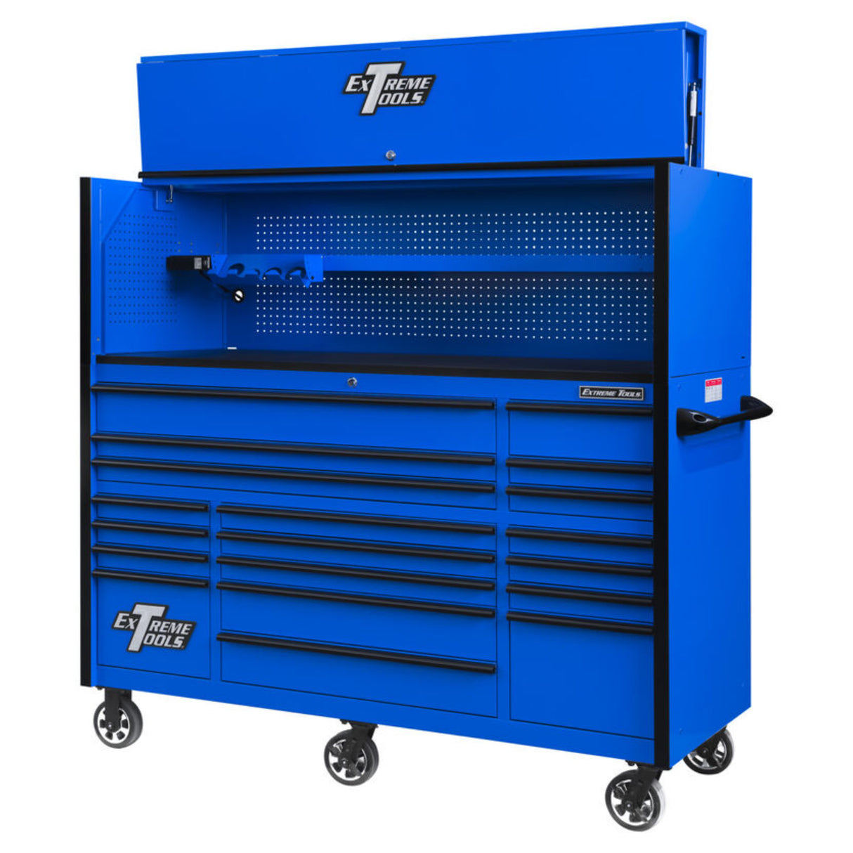 Extreme Tools RX Series 72in W x 25in D Pro Hutch & 19-Drawer Roller Cabinet Combo, Blue/Black