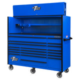 Extreme Tools RX Series 72in W x 25in D Pro Hutch & 19-Drawer Roller Cabinet Combo, Blue/Black