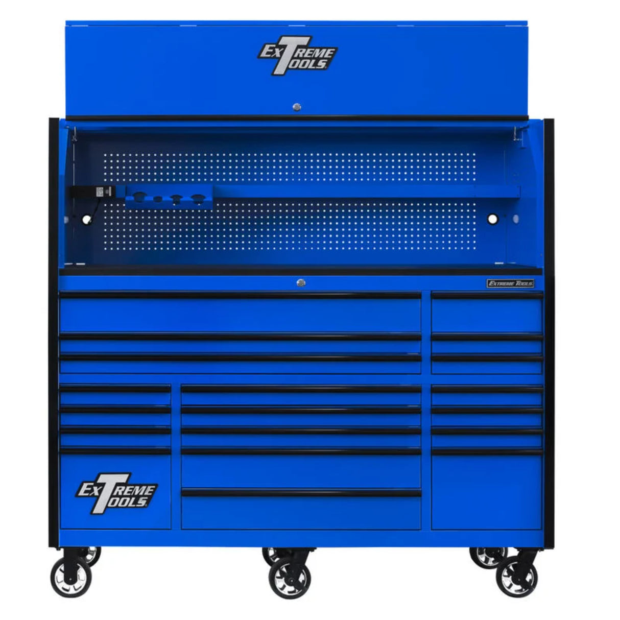 Extreme Tools RX Series 72in W x 25in D Pro Hutch & 19-Drawer Roller Cabinet Combo, Blue/Black
