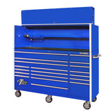 Extreme Tools RX Series 72in W x 25in D Pro Hutch & 19-Drawer Roller Cabinet Combo, Blue/Chrome