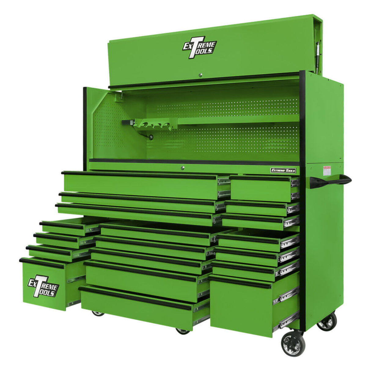 Extreme Tools RX Series 72in W x 25in D Pro Hutch & 19-Drawer Roller Cabinet Combo, Green/Black