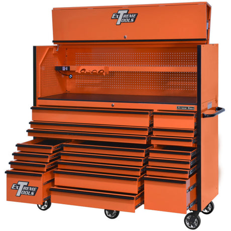 Extreme Tools RX Series 72in W x 25in D Pro Hutch & 19-Drawer Roller Cabinet Combo, Orange/Black
