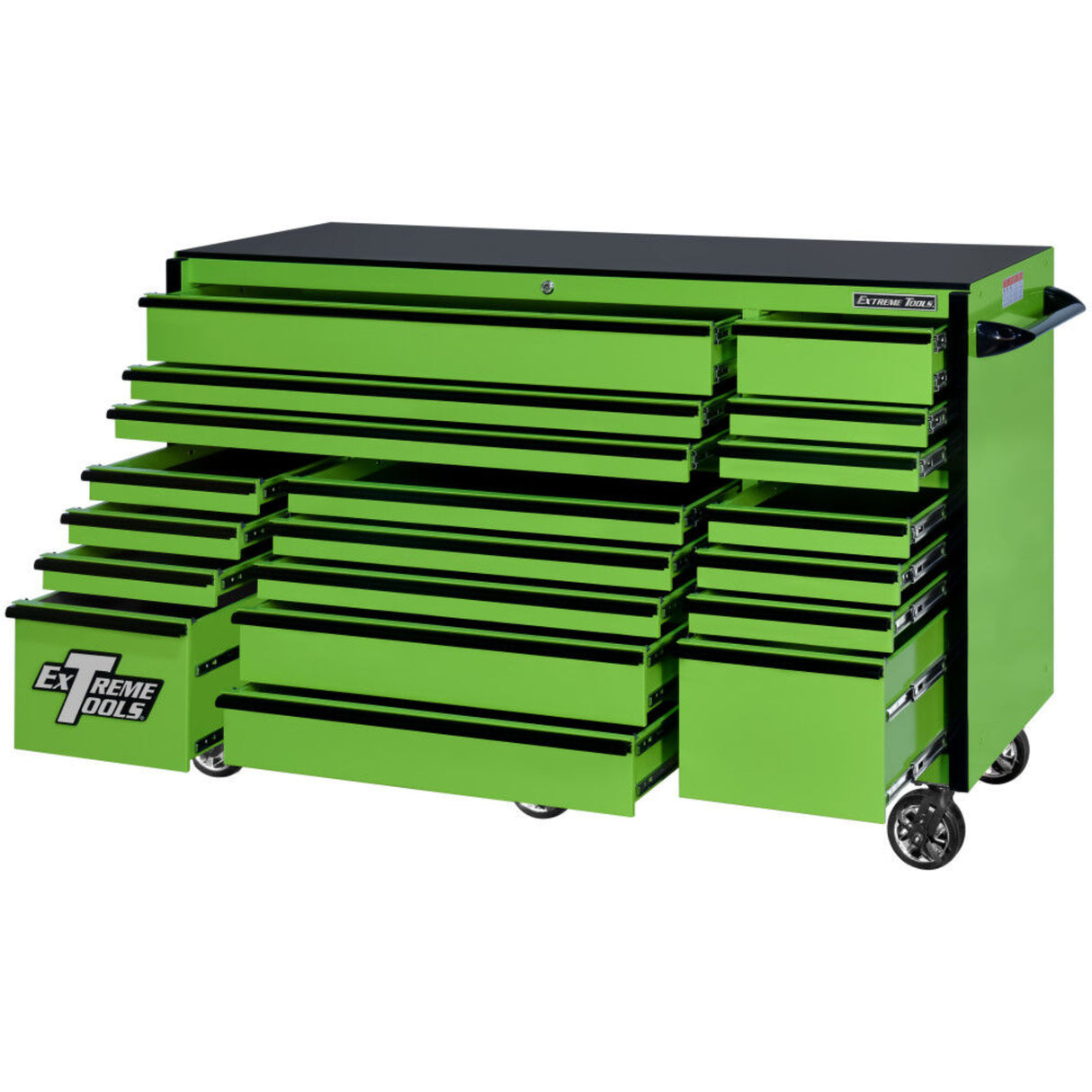 Extreme Tools RX Series 72in W x 30in D 19-Drawer Triple Bank Roller Cabinet, Green/Black
