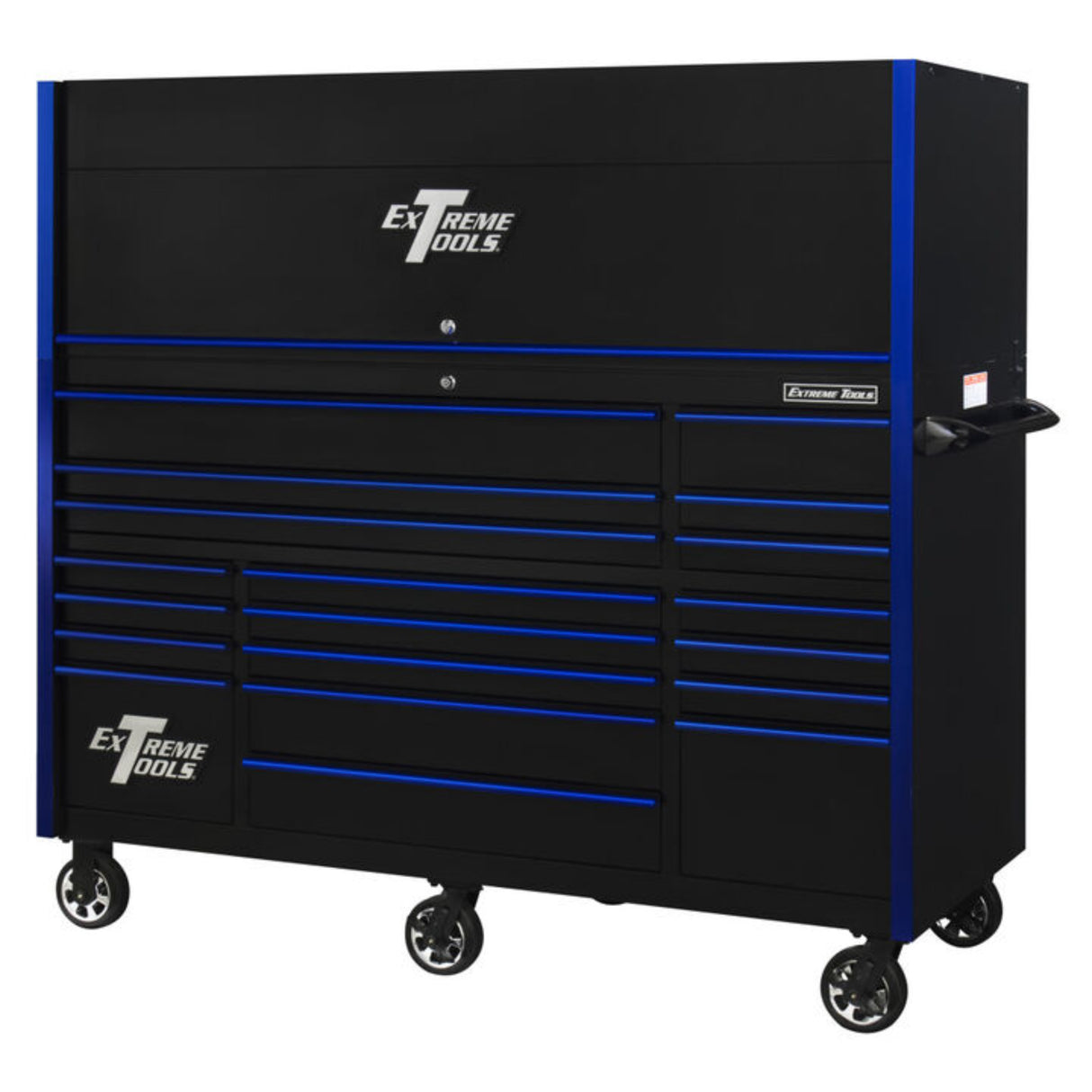 Extreme Tools RX Series 72in W x 30in D Pro Hutch & 19-Drawer Roller Cabinet Combo, Black/Blue