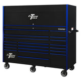 Extreme Tools RX Series 72in W x 30in D Pro Hutch & 19-Drawer Roller Cabinet Combo, Black/Blue