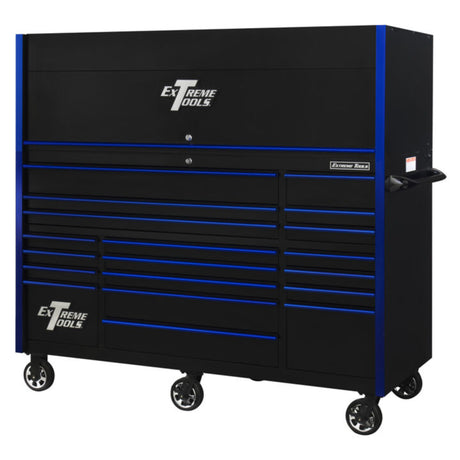 Extreme Tools RX Series 72in W x 30in D Pro Hutch & 19-Drawer Roller Cabinet Combo, Black/Blue