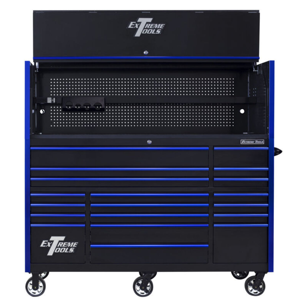 Extreme Tools RX Series 72in W x 30in D Pro Hutch & 19-Drawer Roller Cabinet Combo, Black/Blue